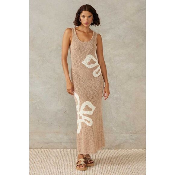 MON RENN BLOOM KNIT MIDI DRESS  TAN AND white Vacation Dress  size S NWT$229 - Picture 1 of 9